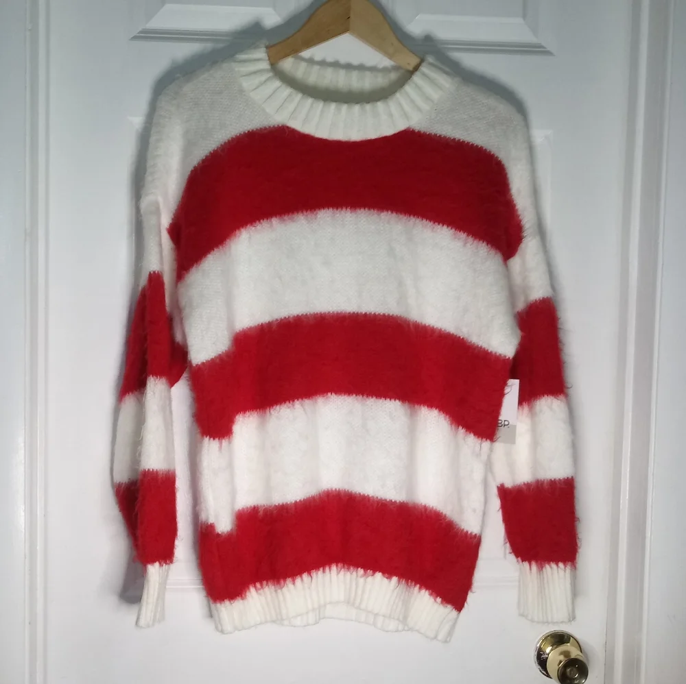 BP Oversize Brushed Pullover Red Ivory Striped XS